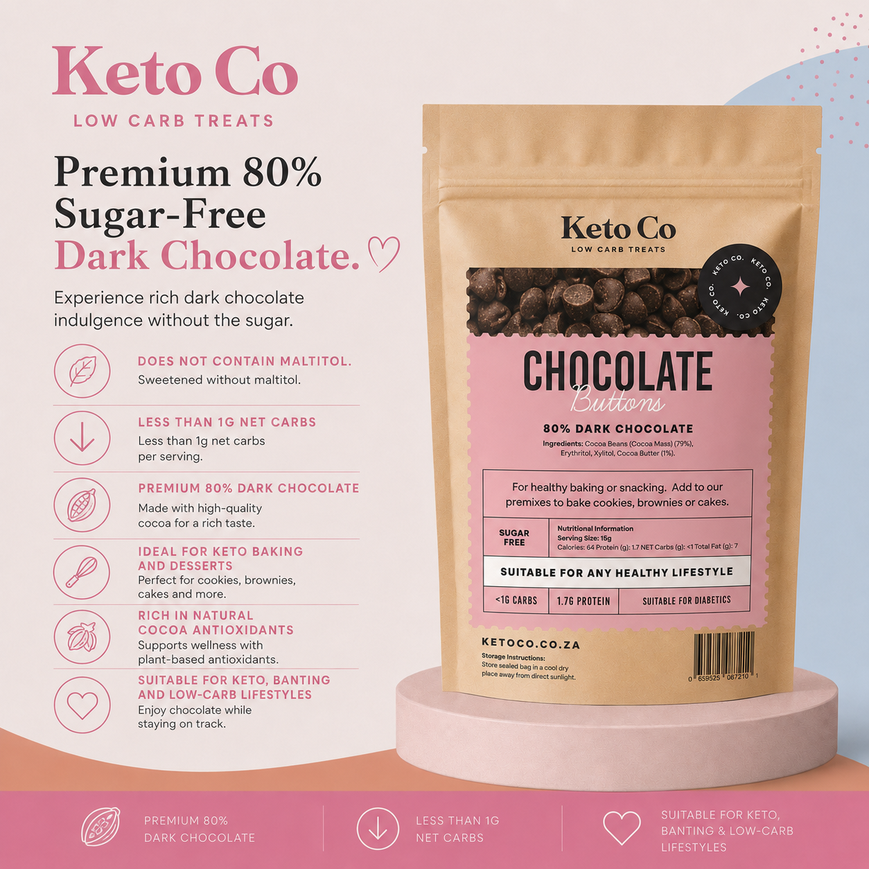 Sugar Free Dark Chocolate Buttons | Keto Baking Chocolate | Keto Co